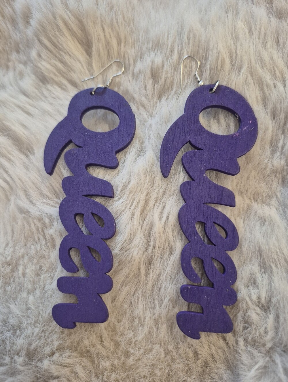 Purple 'Queen' Wooden Script Earrings